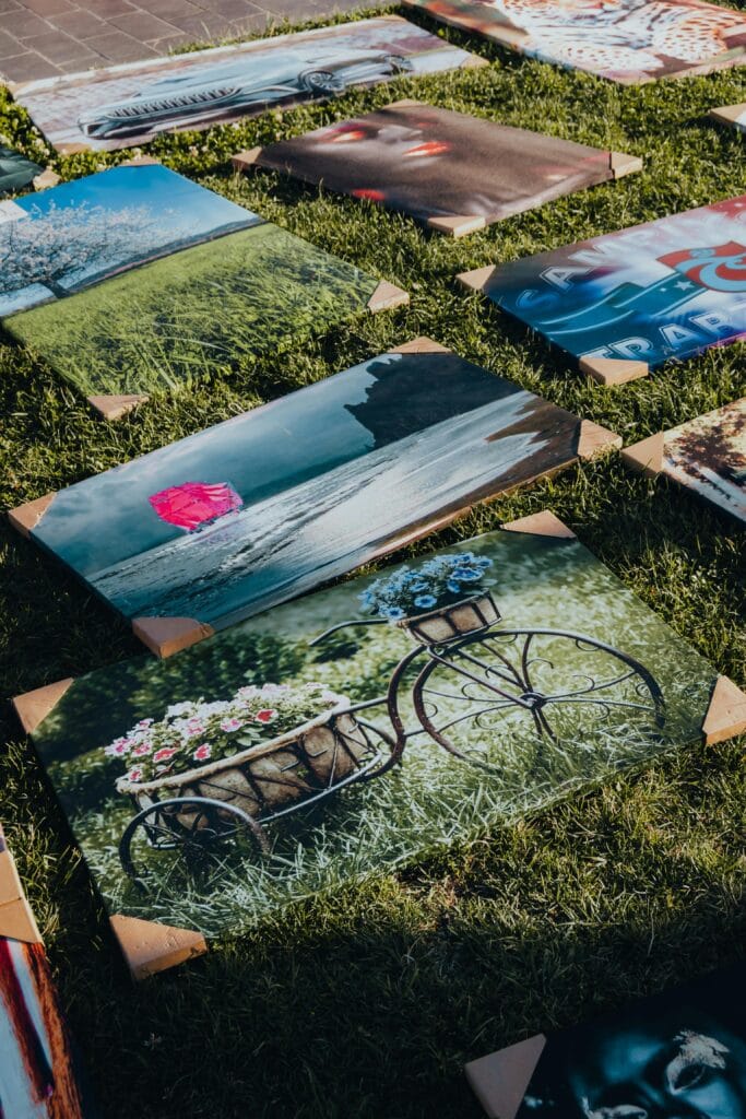 pexels-photo-19920120-19920120 Colorful canvas prints laid out on grass, showcasing diverse artistic scenes in natural light.